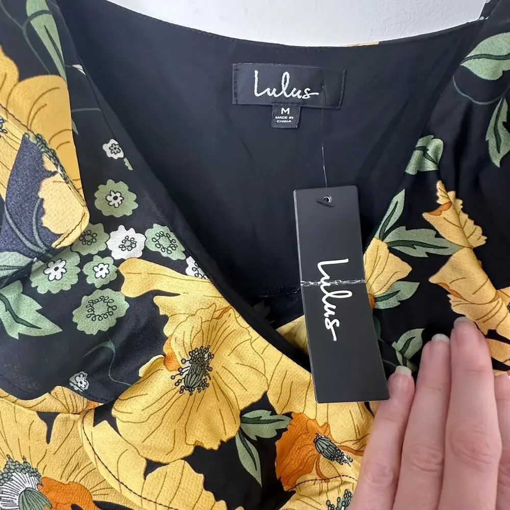 Md NWT Lulus Perfectly Curated Black Floral Wrap Dress Ruffle High-Low Maxi Fall - Picture 5 of 7